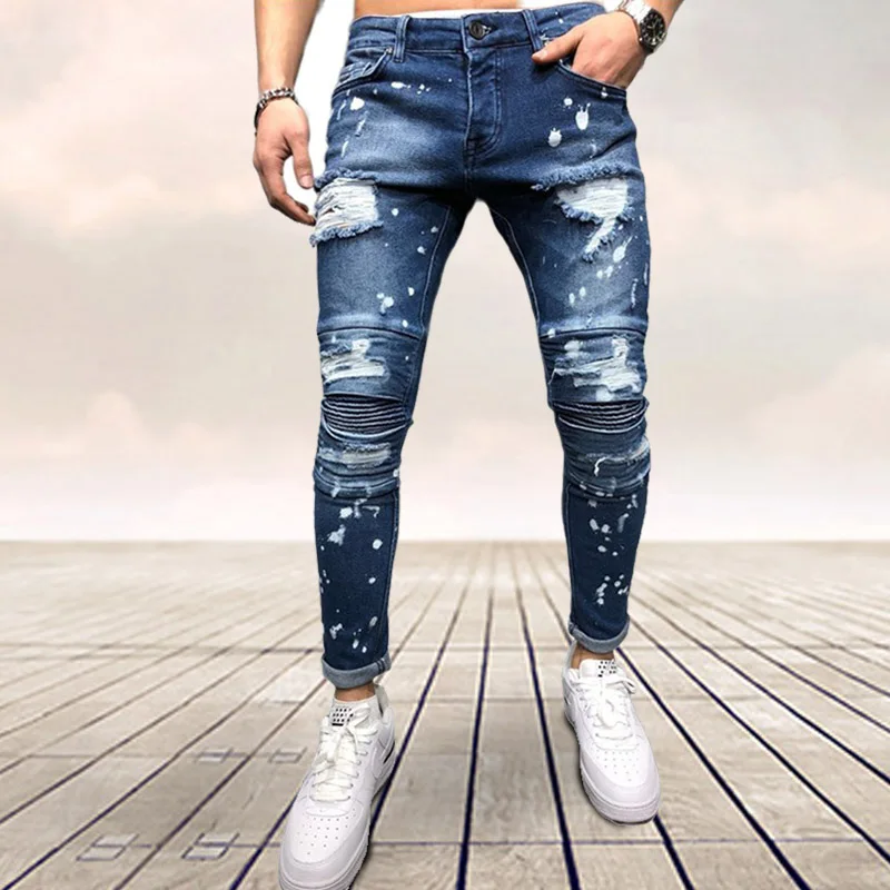 

Men Painted Stretch Skinny Jeans Slim Fit Ripped Distressed Pleated Knee Patch Denim Pants Brand casual trousers for men