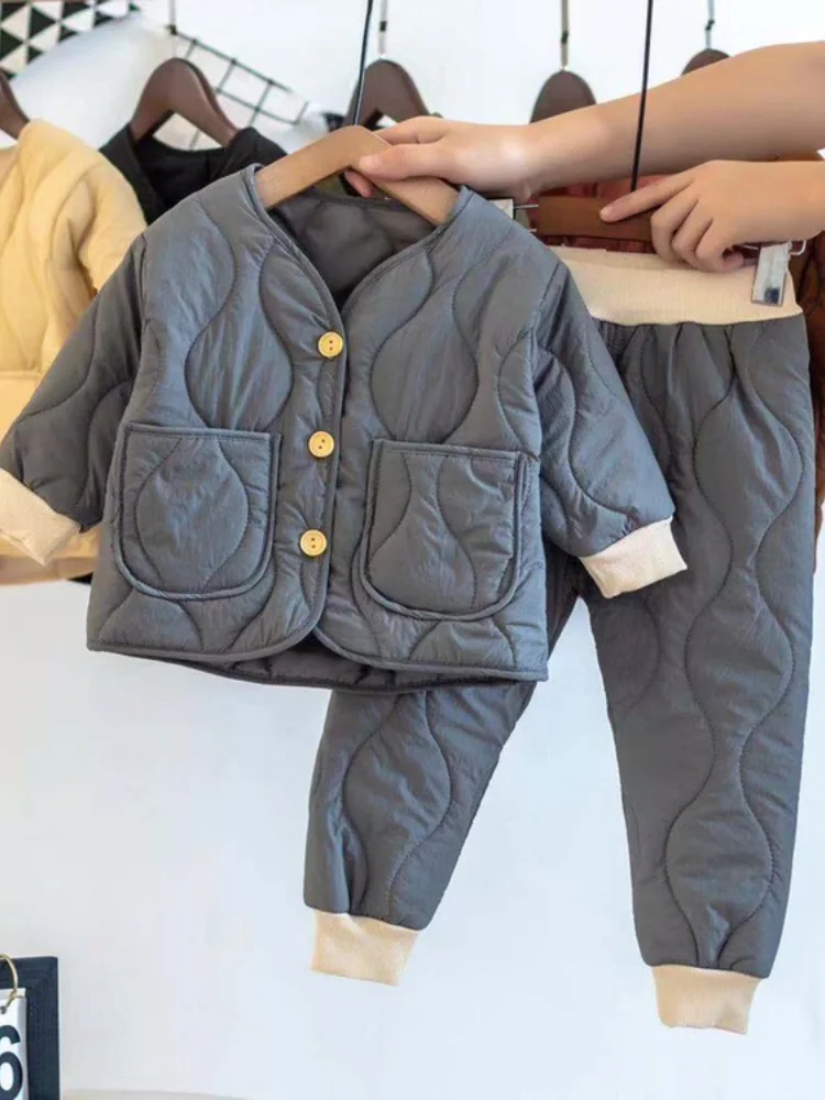 

Winter Cute Girls Quilted Warm Clothes Sets Kids Boys Thicken Pullover and Thick Pants 2pcs Sets Boy Warm Suit for Kindergarten