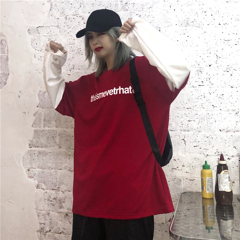 Harajuku модные женские топы с длинными рукавами осенняя одежда с принтом поддельные 2 шт. свободные футболки женские повседневные футболки - Цвет: see chart