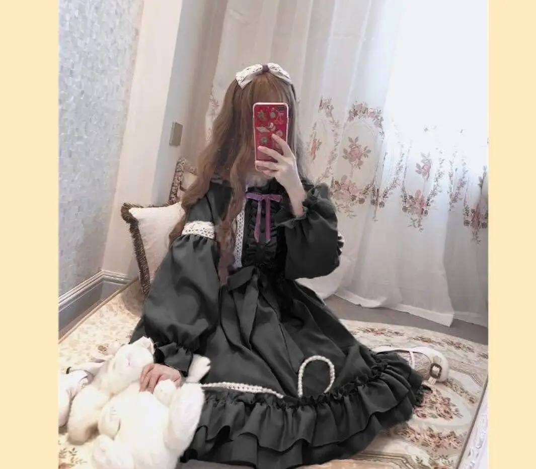 

NONSAR Original Lolita Black Dress Soft Sister Provence New Spring And Summer Op Long Sleeve Gothic Party