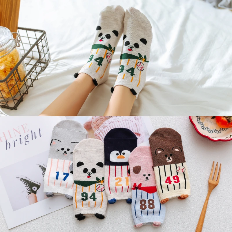5Pairs/Lot Ankle Socks Women Cartoon Animals Kawaii Japanese Cat Bear Dog Fruit Pattern Girls Happy Funny Short Socks 28 Styles