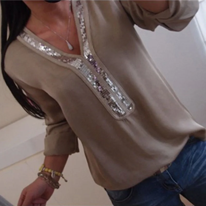 Блузка женская шифоновая с длинным рукавом и V образным вырезом|Рубашки| |