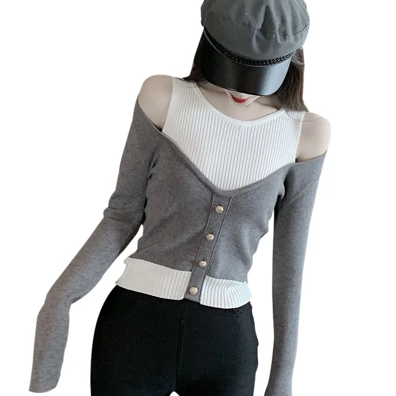 

Women Sexy Sweater Stitching Knitted Thin Top Temperament Off shoulder Long-sleeved Casual Outfit Autumn New Arrive