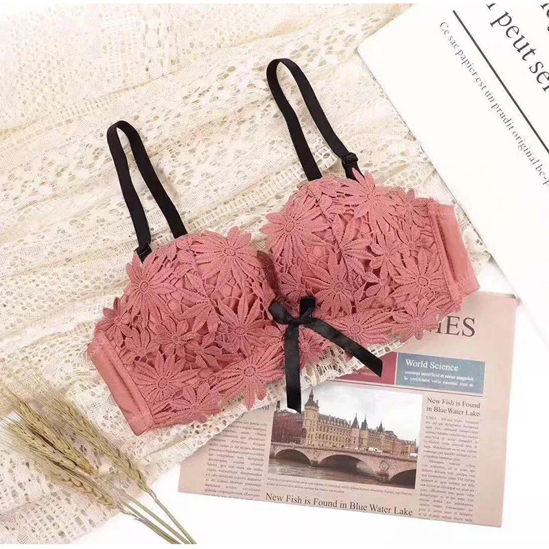 Flower Lace Brassiere Bra Underwear Women BH Lingerie Sexy Bralette Push Up Soutient Gorge AB Cup Female Intimates Wire Free New - Цвет: Red