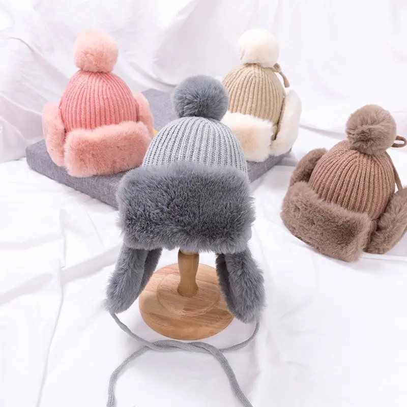 

Baby Boy Winter Cap for Girl Solid Ball Warm Velvet Children's Hats For Kids Protection Ear Caps Outdoor Warm Cap
