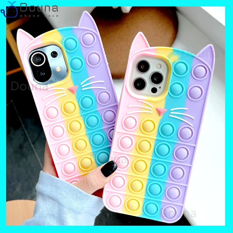 

Case for Xiaomi Redmi 9A 9AT 9i Note 10 9S 9 7 Pro Mi 11i 11X POCO F3 Relieve Stress 3D Cute Rainbow Cat Push Bubble Phone Cover