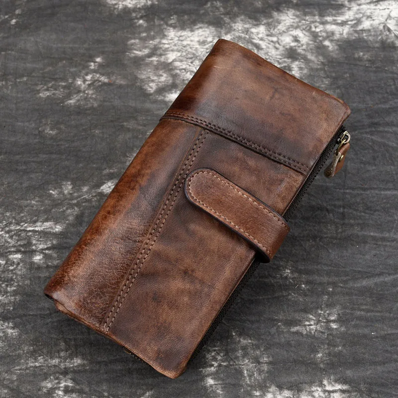 Cobbler Legend Vintage Genuine Leather Long Wallet Men RFID Blocking Credit Card Holder Purse Zipper Business Phone Wallet