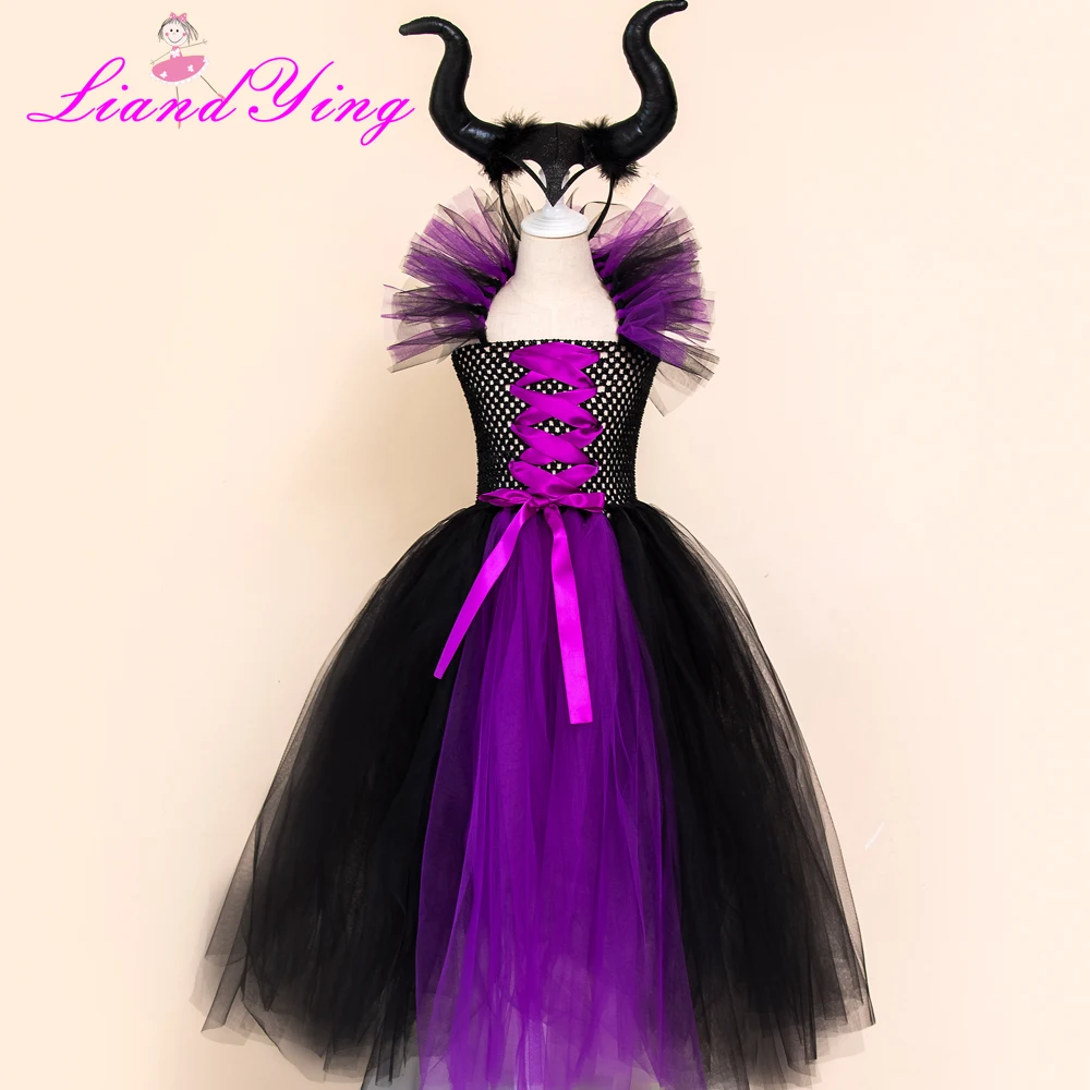 Maleficent/платье-пачка «злая королева» для девочек с рогами, костюм ведьмы для косплея для девочек, детское праздничное платье, детская одежда