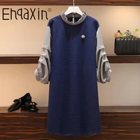 ehqaxin women autumn pleated stand collar plaid lantern sleeve patchwork loose casual ladies dresses with brooch l 4xl