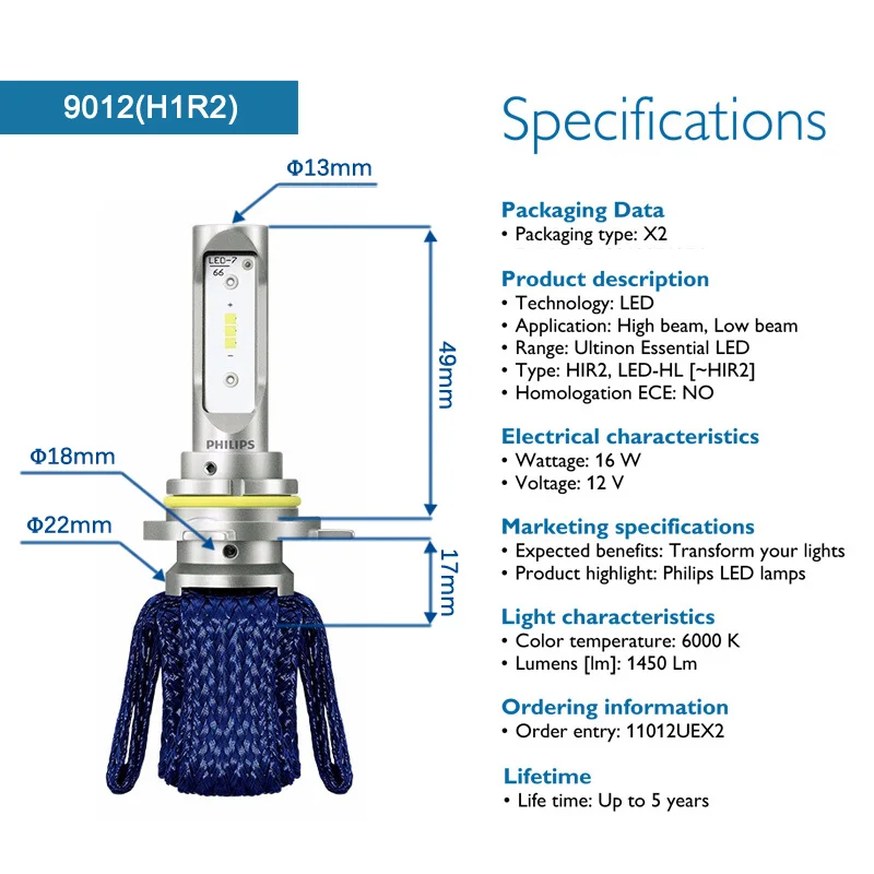Philips Ultinon Эфирное светодиодный комплект 6000 K 12 V H4 H7 H11 HB3 HB4 H1R2 9005 9006 9012 фар H8 H16