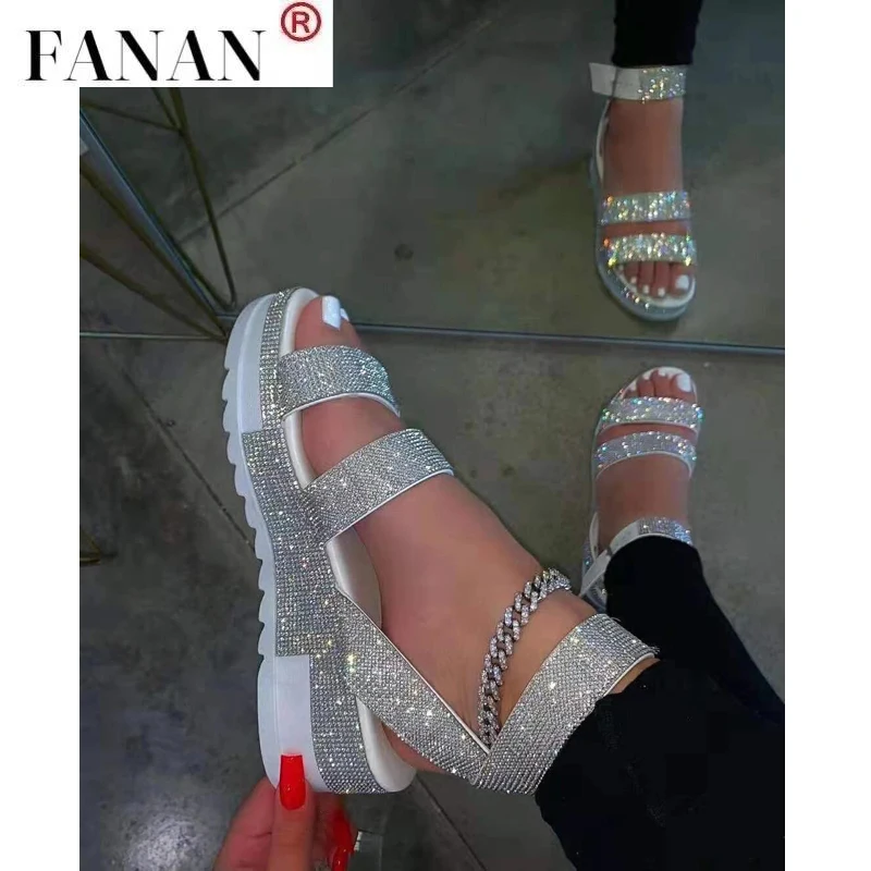 

2021 Summer Sandals Fashion Rhinestone Women's Shoes Open Toe Low Heel Outdoor Sandals Plus Size 43