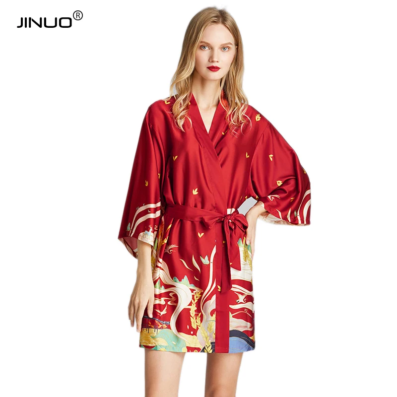 JINUO Шелковый Атласный Женский ночной халат красочная настенная пижама с принтом