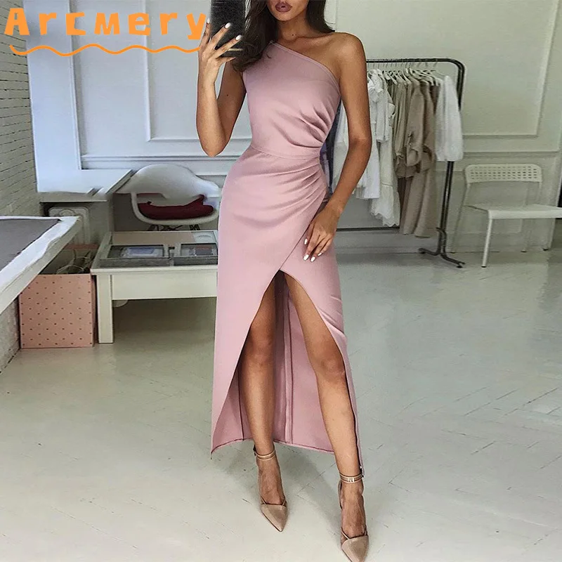 

Women One Shoulder Sleeveless Slit Elegant Dress