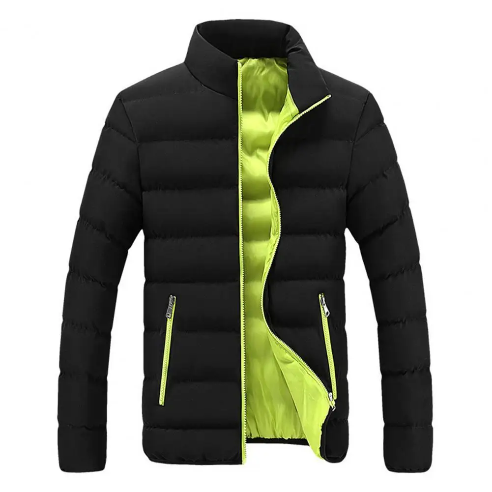 

Zipper Pockets Long Sleeve Men Coat Zipper Closure Solid Color Stand Collar Puffer Jacket Outerwear