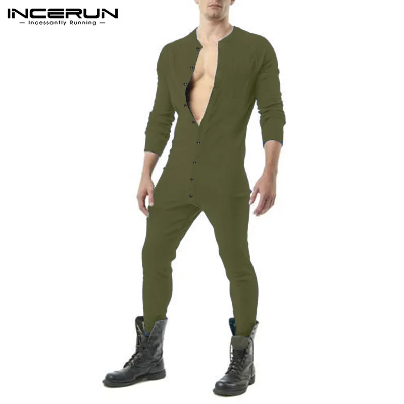 

Men Pajamas Jumpsuit Long Sleeve O Neck Fitness Solid Color Homewear Cozy Button Leisure Rompers Sleepwear Mens Overalls INCERUN