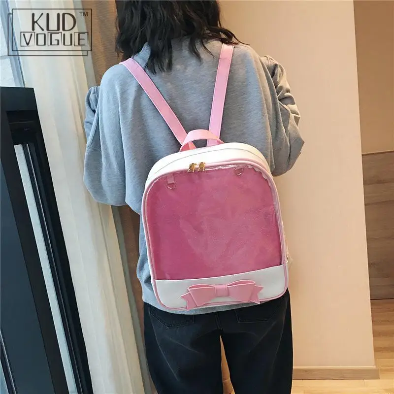 Прозрачный женский рюкзак с милым бантом желейные сумки для школы мини розовые