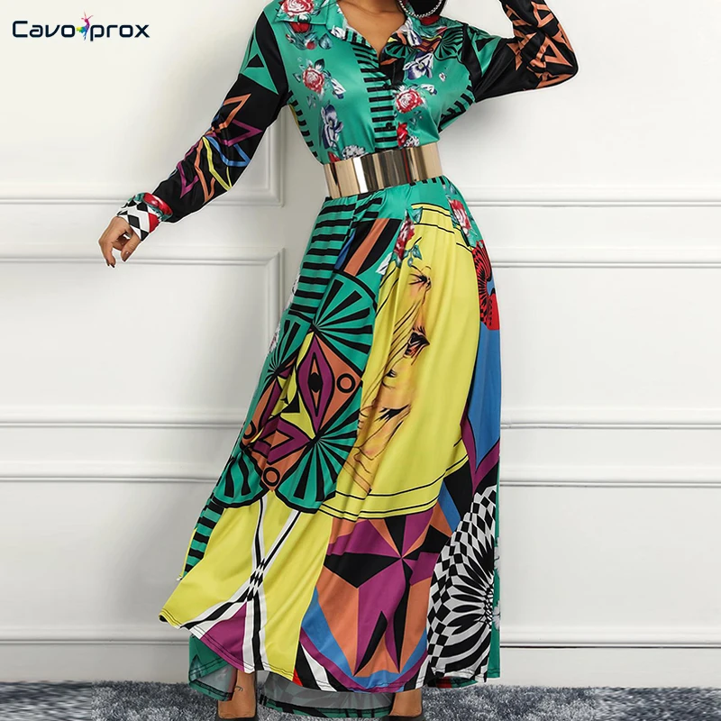 Женское платье рубашка с длинным рукавом и разноцветным принтом повседневное