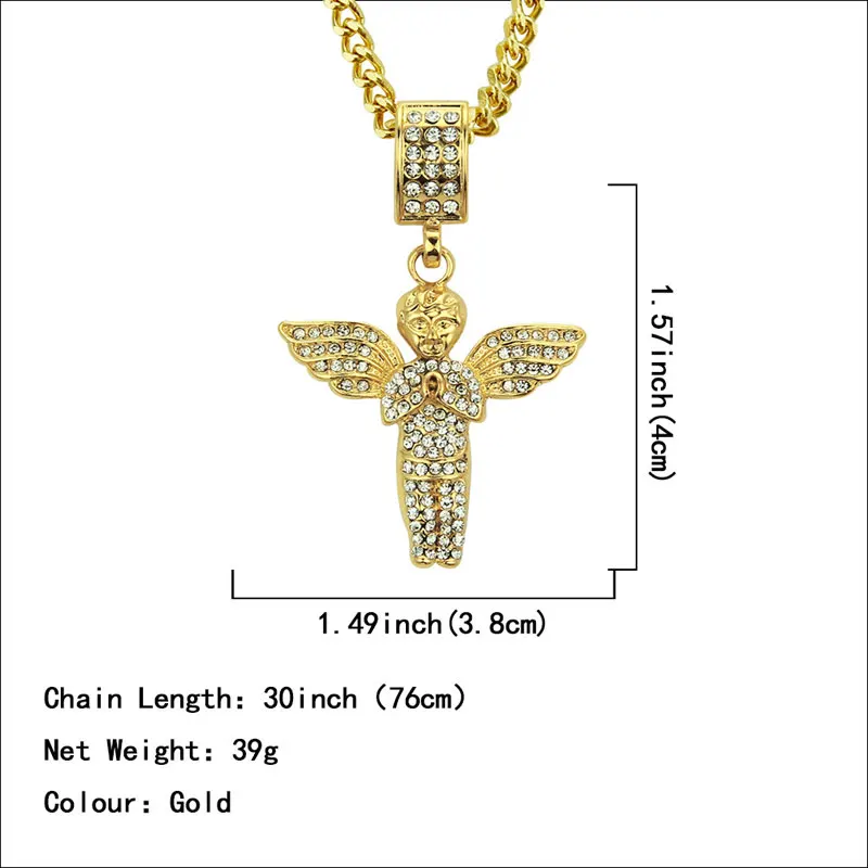 

Mens Gold Plated Iced Out Crystal Angel Wings Pendant Necklace Cuban Chain Hip hop Bling Fashion Jewelry