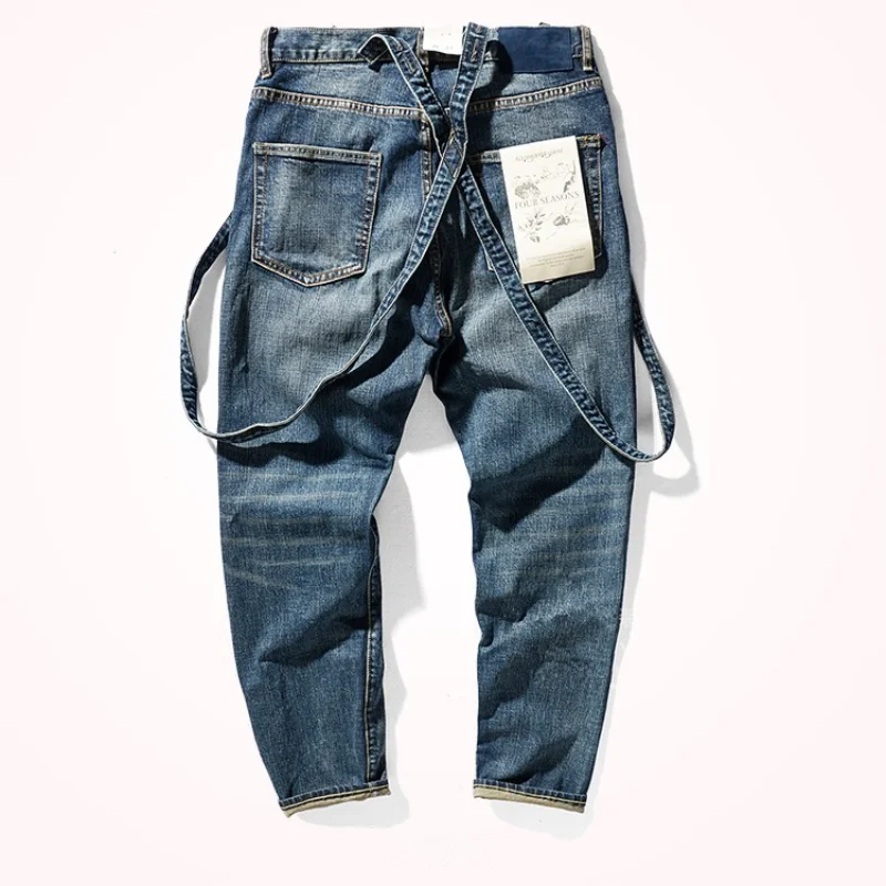 Autumn New Jeans Men 's Straight Tapered Washed Distressed Stretch Suspender Trousers