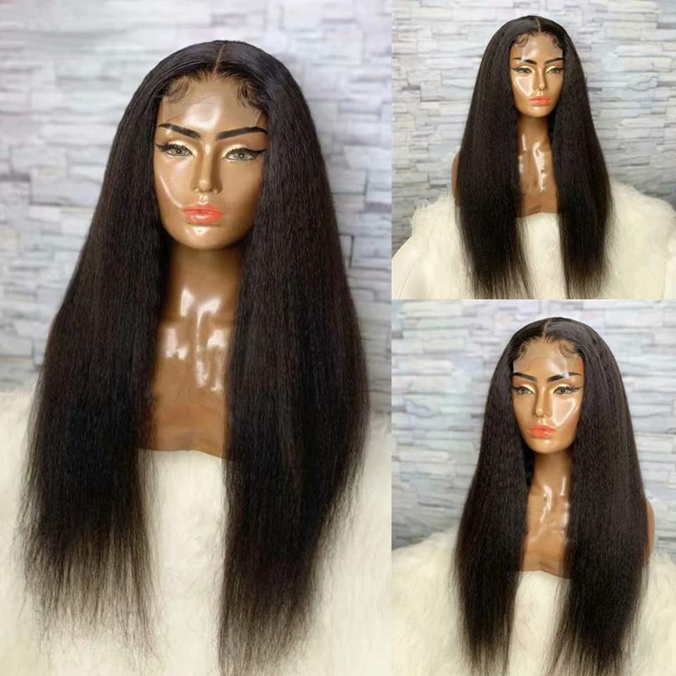

Glueless 150% Density Yaki Straight Remy Black 13x4 Human Hair Lace Front Wig With Babyhair Preplucked Brazilian Can Dye Permed
