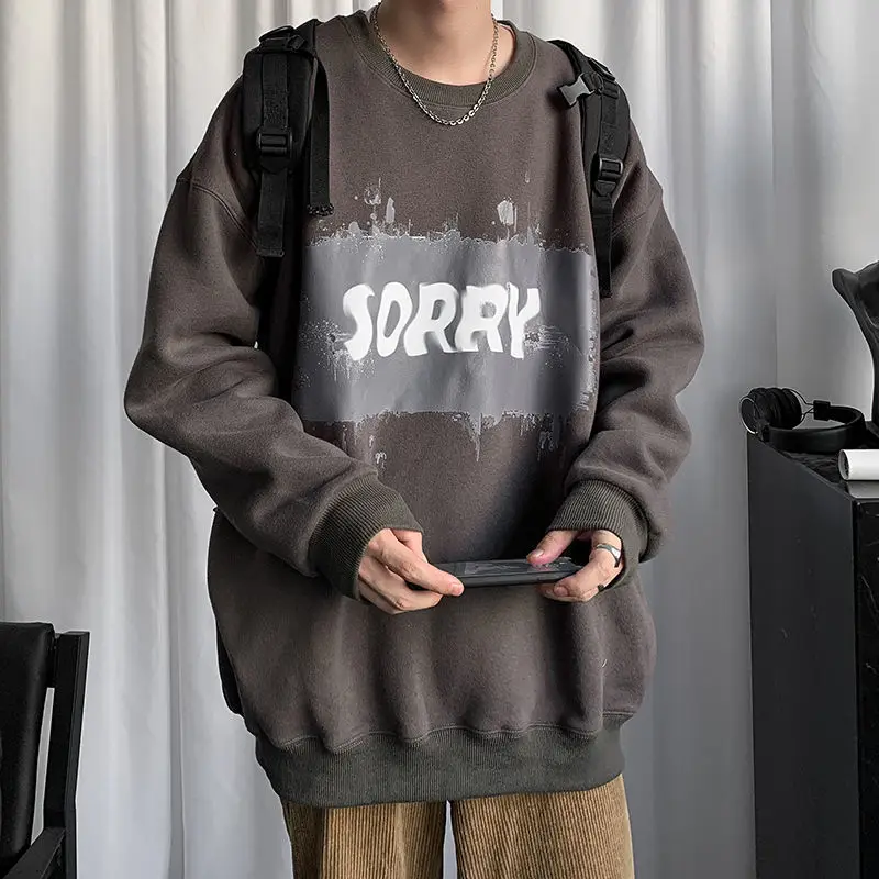 

Winter plus velvet padded sweater men without hat loose harbor style round neck jacket Korean trend autumn winter coat