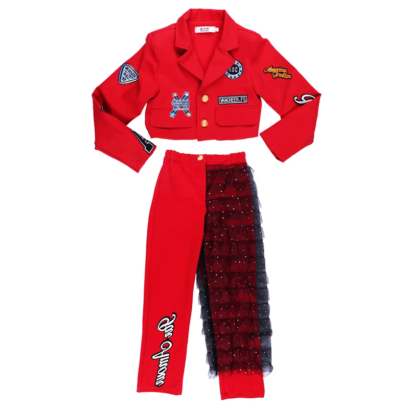 

Girls Jazz Dance Costumes Children Modern Street Dance Red Suit Kids Hip Hop Dance Performance Stage Catwalk Show Outfit DQL3737