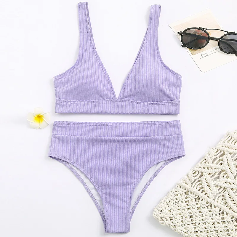 

Sexy Solid Ribbed Bikinis High Waist Swimsuit Women V Neck Swimwear 2021 Female Push Up Sports Bathing Suit Stripe Biquini Mujer