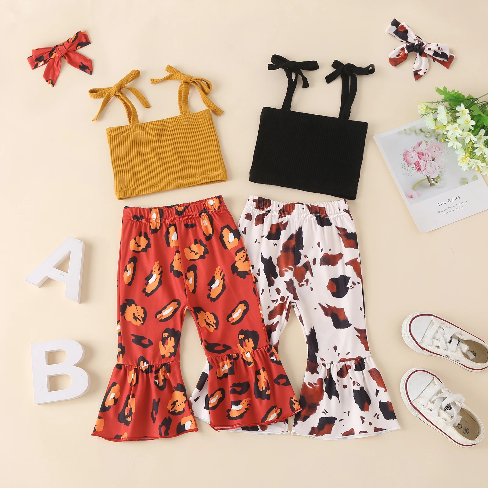 

0-24M Summer Baby Girls Clothes Sets 3pcs Strap Solid Vest Tops Printed Flare Pants Headband