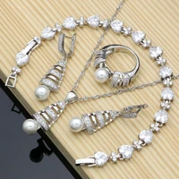 925 silver bridal jewelry sets freshwater pearls white zircon for women wedding earringsringbraceletnecklace set dropshipping