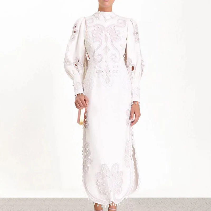 Высококачественное белое длинное винтажное платье знаменитостей с кисточками и