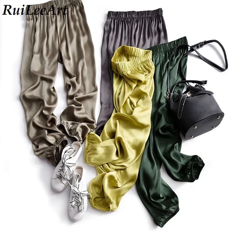 2021 Fashion Satin Cargo High Waist Pants Loose Trousers Joggers Female Sweatpants Office OL Home Fitness Streetwear Harem Pants