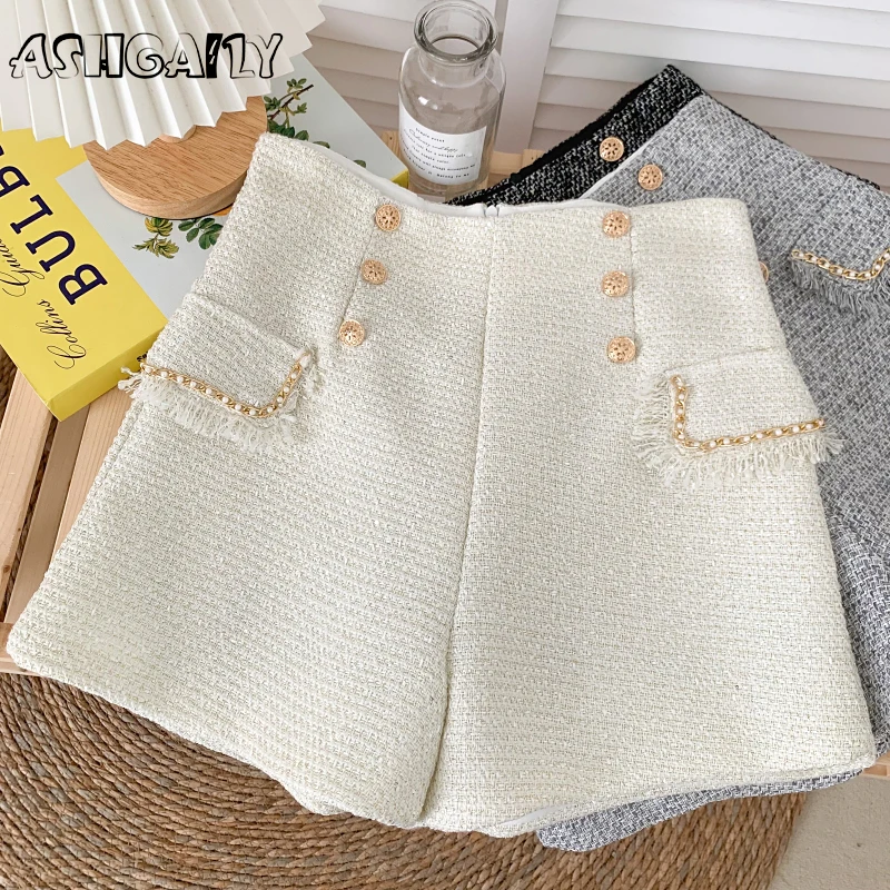 

FAKUNTN New High Waist Tweed Shorts Women Casual Loose Ladies Fashion Spring Autumn Slim Button Shorts All-match