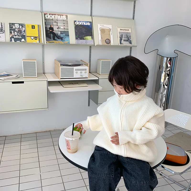 

Boys and girls winter solid color High collar knitted Cardigans fashion zipper oversized sweater coat