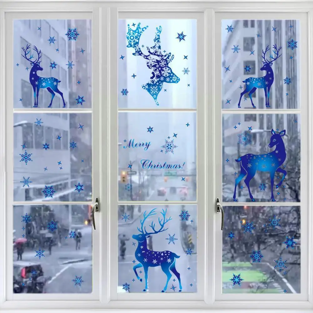 

Christmas Santa Claus Snowflake Stickers Glass Window Stickers Decoration Snowflake Elk Blue Stickers Electrostatic Decals Q7O7