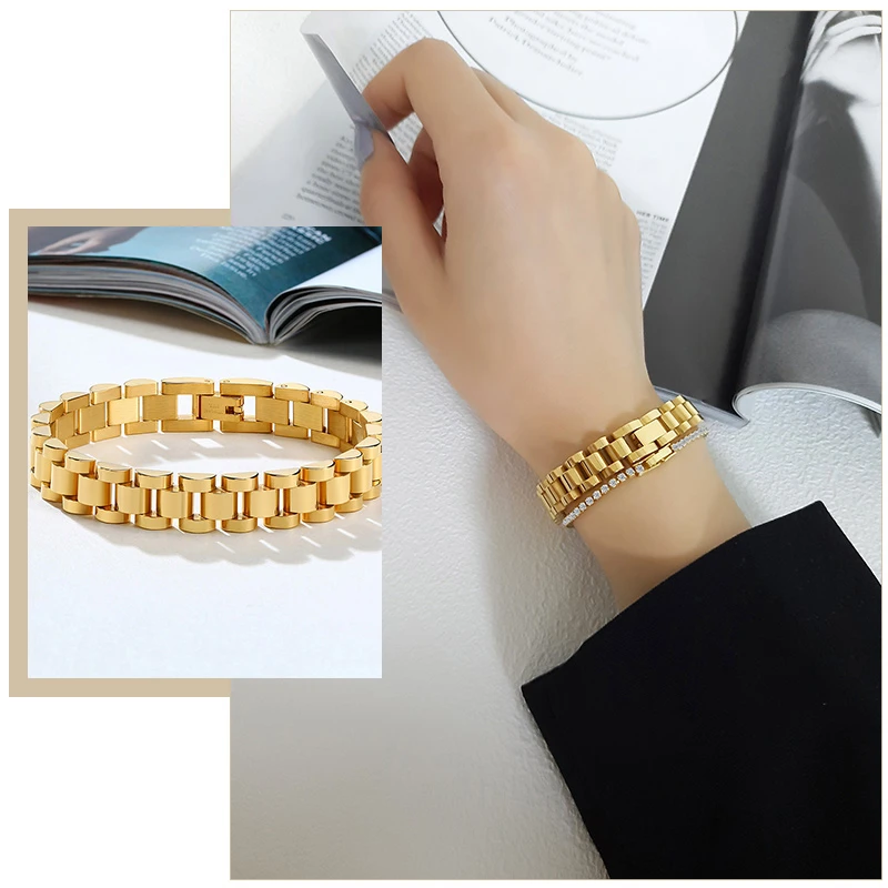 

Chunky Gold Color Metal Chain Bracelets for Women Female Party Jewelry Stainless Steel Wristband Gifts for Her Accessory 7.08"