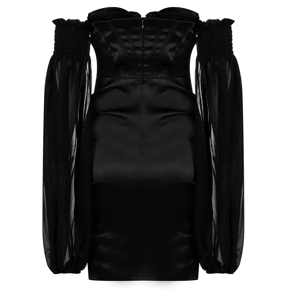 

Ailigou High Quality Black Draped Sexy Celebrity Club Banquet Dress 2021 New Mesh Puff Sleeveless Shoulder Bodycon Mini Dress