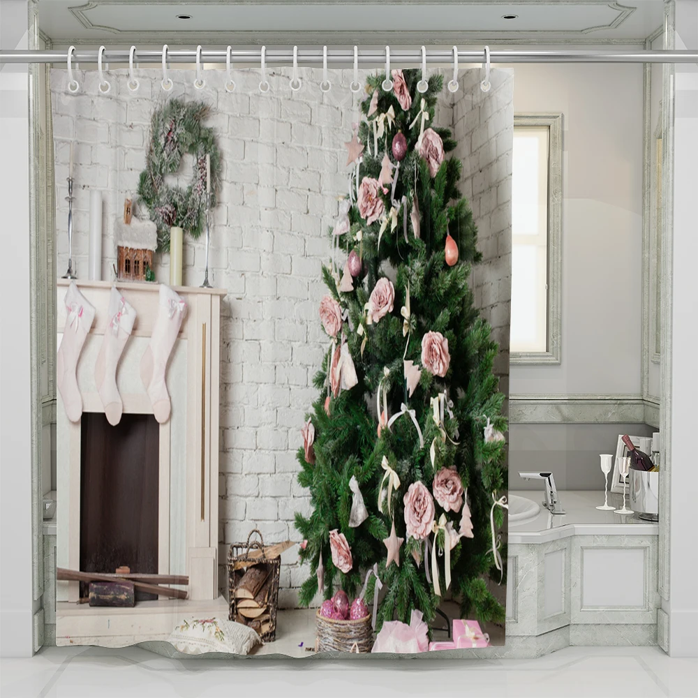 

Shower Curtain 3D Waterproof Bathroom Christmas Tree White Modern Nordic Polyester Fabric Bath Curtain Home Decor Shower Set