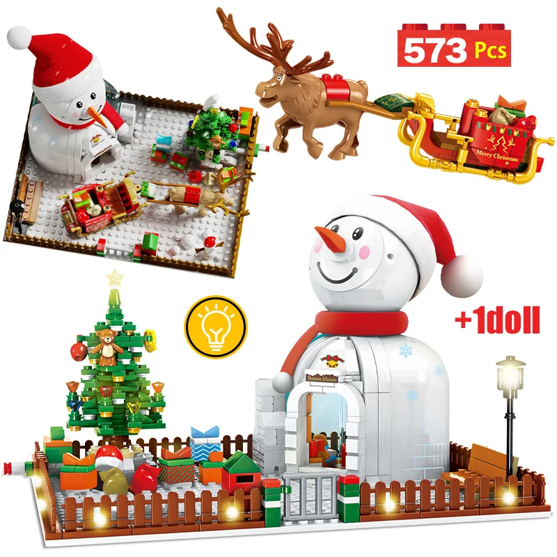 

City Christmas Snowman Tree House Architecture Building Blocks Friends Elk Castle Bricks with LED Light Toys For Kids Gifts