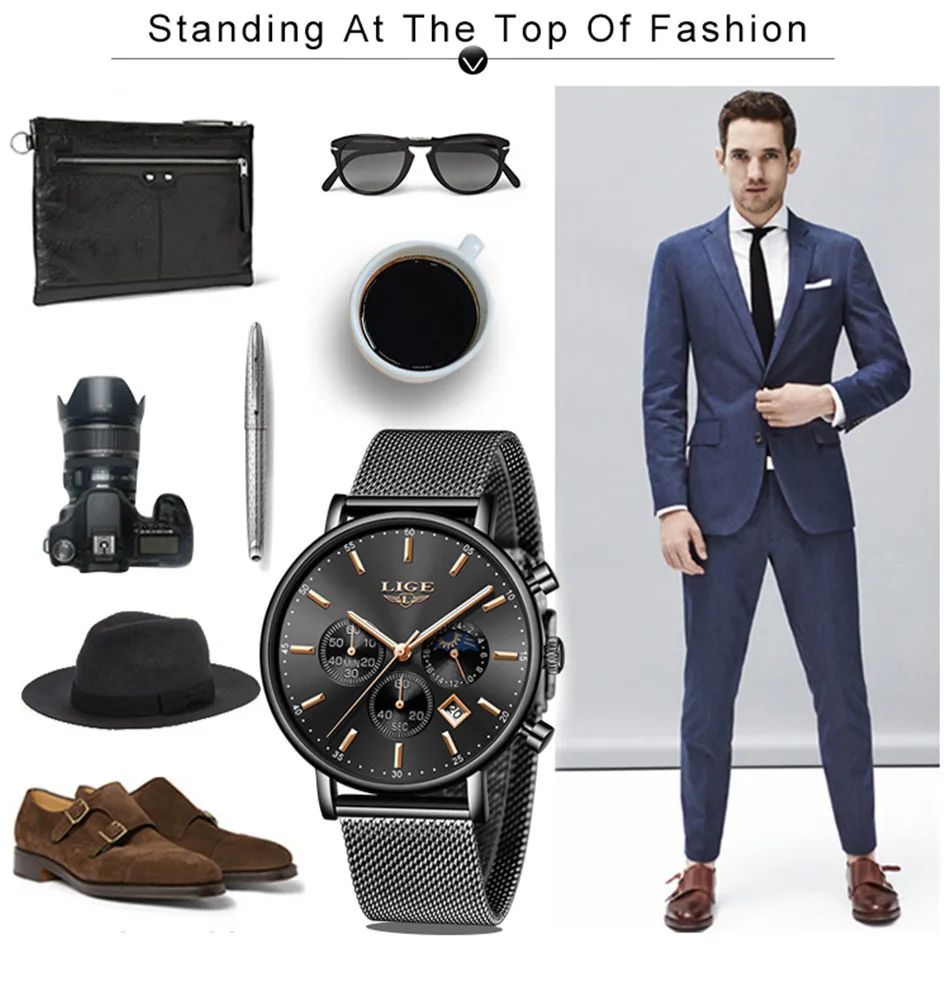 

LIGE New 9894 Fashion Blue Mesh Band Creative Men Wristwatch Casual Women Dress Slim Clock Couple Simple Gift Watch