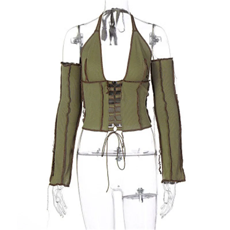 

Backless Halter Ribbed Bodycon Top Woman Tshirts Long Sleeve Hollow Out Sexy Tops Crop Top Mujer Camisetas