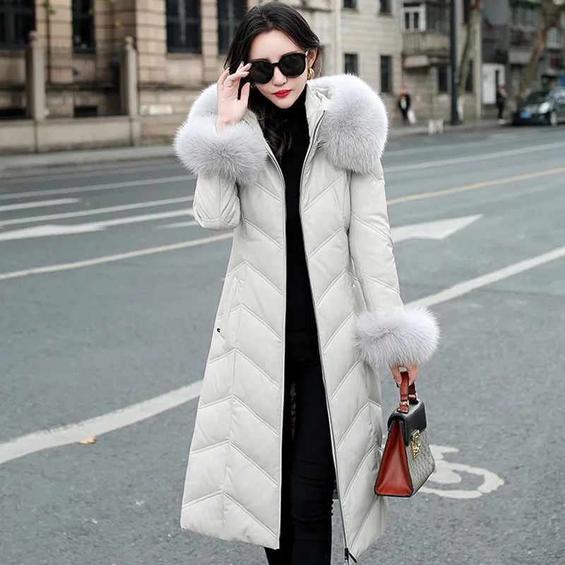 New Women Leather Down Jacket Autumn Winter 2022 Fashion Real Fox Fur Collar And Cuff Thick Warm Hooded Long Sheepskin Down Coat