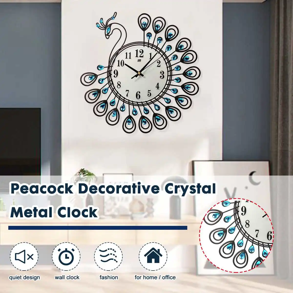

Large 3D Gold Diamond Peacock Wall Clock Light Luxury Style Living Room Bedroom House Decorations Metal Watch Silent Wall Clock