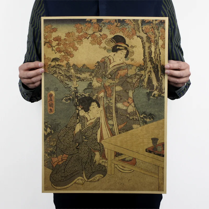 

Kanagawa Japan Ukiyo-e Retro Kraft Paper Poster Maid Dance Samurai Sword Wall Sticker for Home Bar Nostalgia Art Decor 51x35.5cm