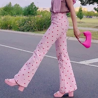 female pink pants heart printed sweet trousers vintage aesthetic party pants spring women new pockets joggers festival outfits