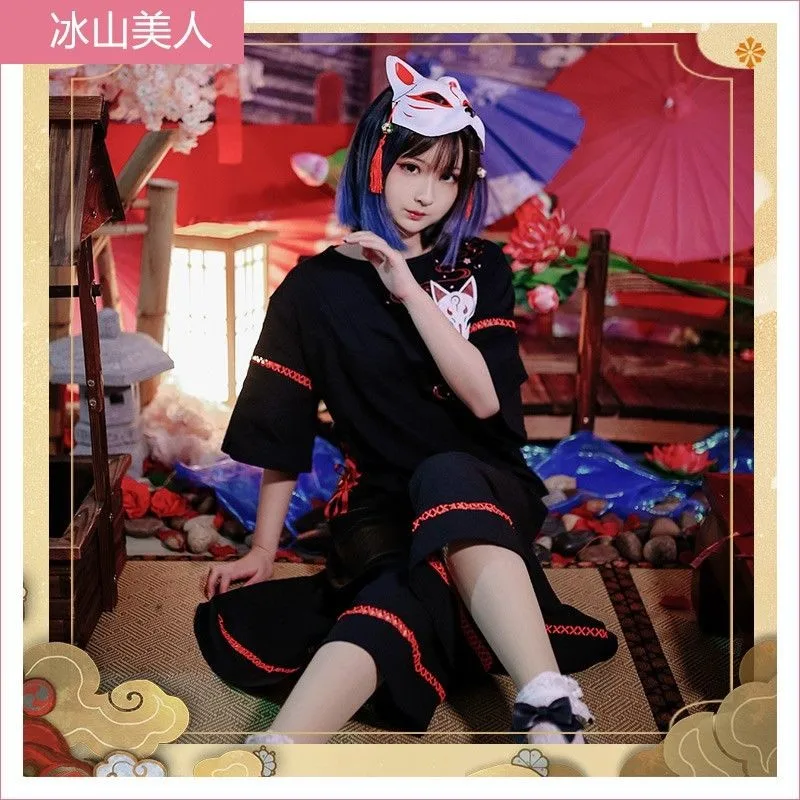 Two Piece Sets Pullover tops & calf length Wide leg pants Japanese Anime embroidery Short Sleeve T-shirts sets Student Girl New |