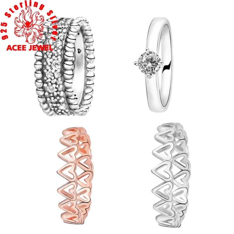 

2020 NEW Authentic 925 Sterling Silver Rings Freehand Hearts Clear Heart Solitaire Beaded Pave Band Women engagement Jewelry