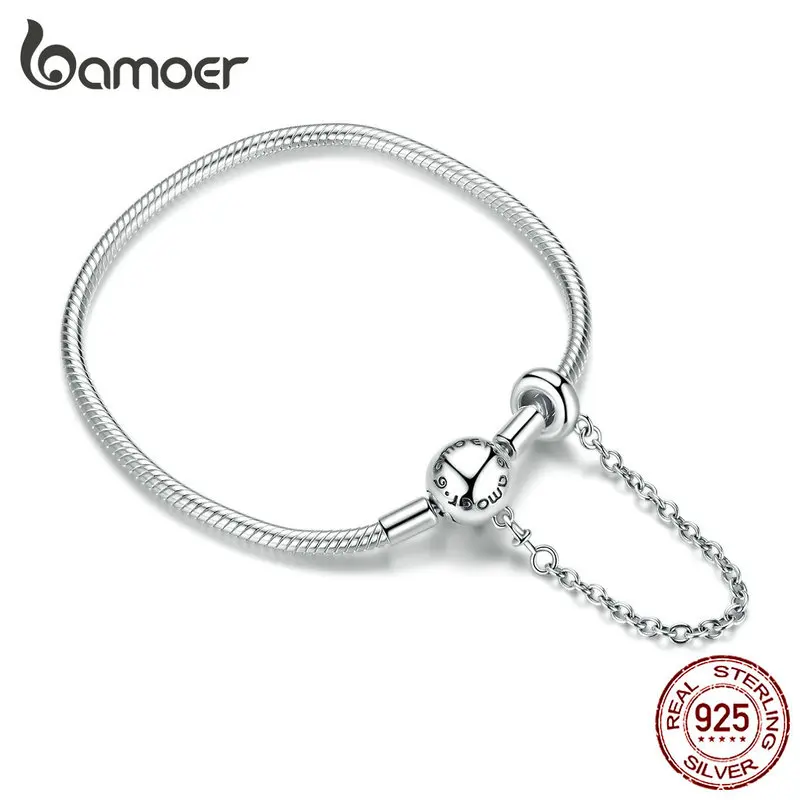 Bamoer, базовый Серебряный браслет-змея 925, 3 мм, с безопасной цепочкой, силиконовые бусины, сделай сам, аксессуары для изготовления ювелирных изделий, Bijoux BSB033