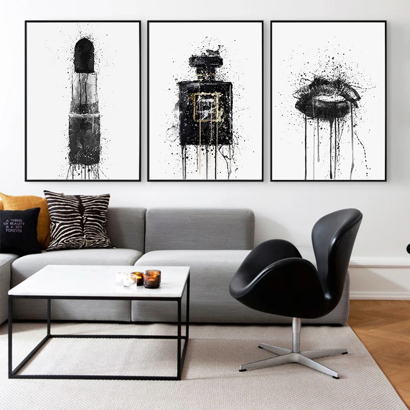 

DROPSHIP Modern Canvas Painting Wall Poster and Prints White& Black Perfume Bottle Lipstick Pictures for Living Room Home Decor