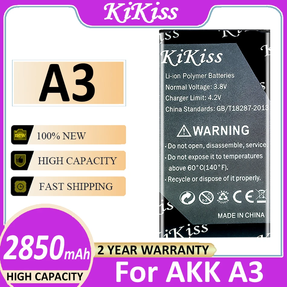 

2850mAh KiKiss Mobile Phone Battery for AKK A3 High Capacity Phone Batteries Batterie Bateria