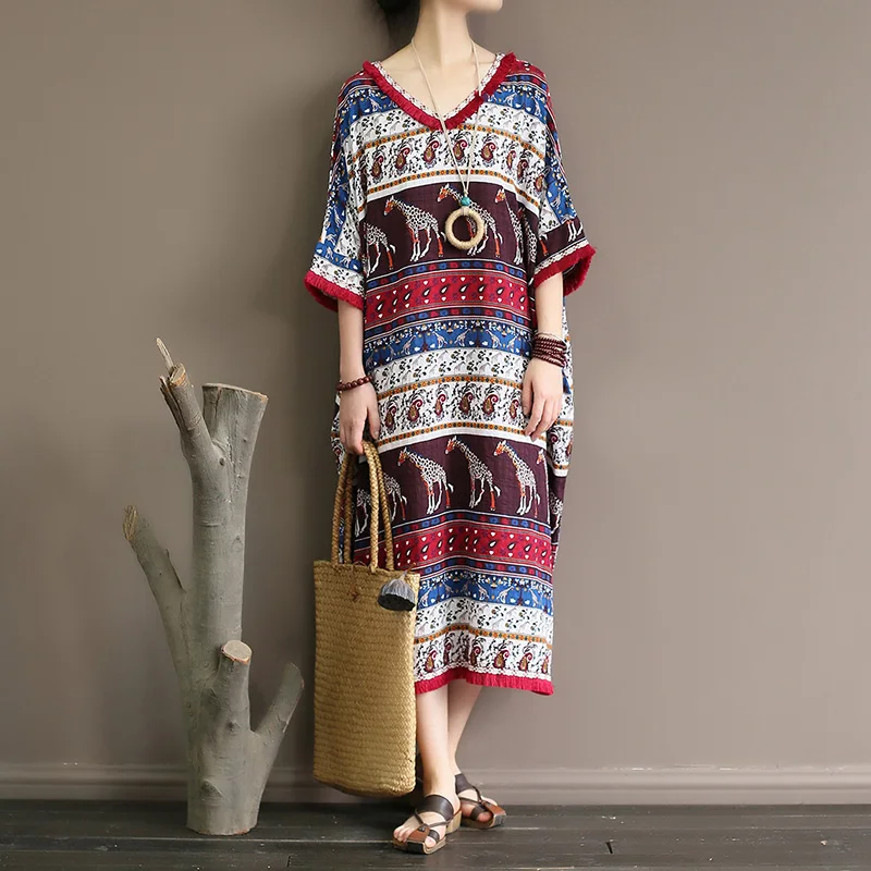 

Original ethnic romantic Su big robe collar half sleeve loose long thin slub cotton dress dress summer